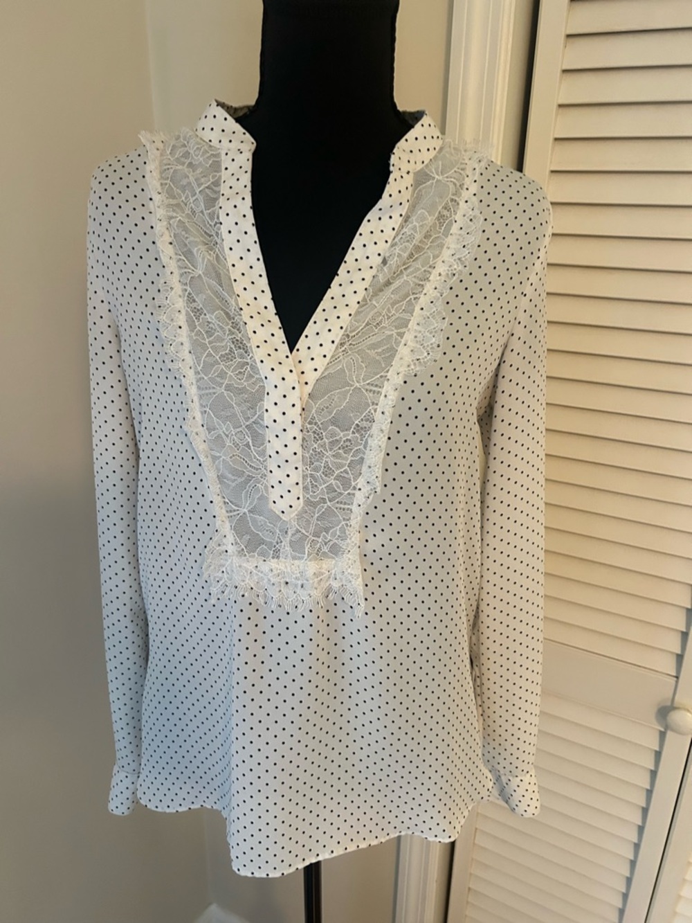 LC Lauren Conrad White Blouse with Black Polka Dots & Lace Trim